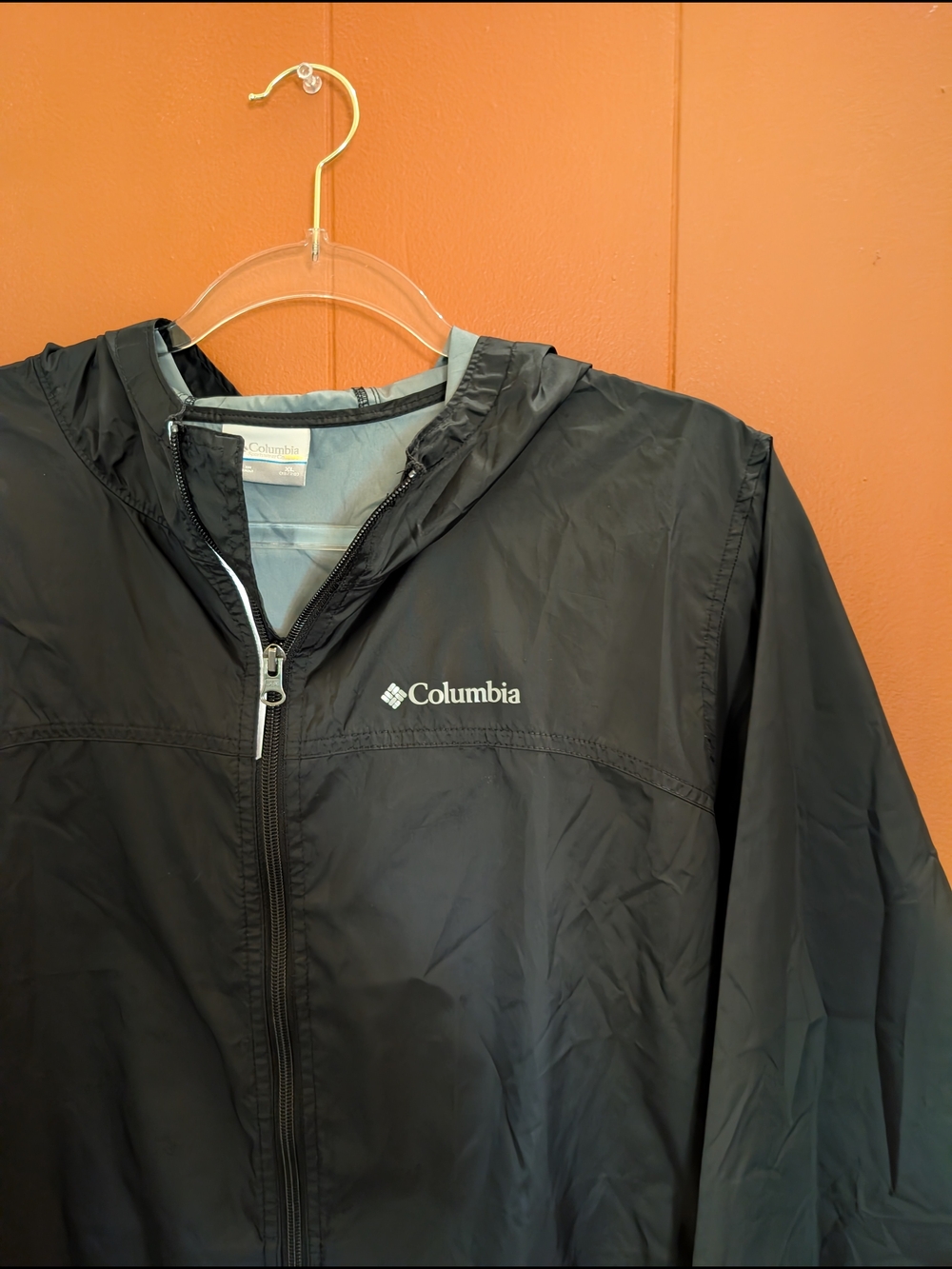 Columbia Youth XL 18/20 Hooded Windbreaker Jacket Black Gray Lightweight Rain